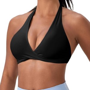 Halter Sports Bras for Women Padded Yoga Bra Low Impact Gym Workout Bra Tops Open Back  Front V-Neck Everyday Bra