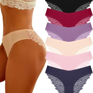 6 Pack Sexy Underwear for Women Silky Seamless No Show Panties Ladies Lace Bikini Lightweight  Hipster