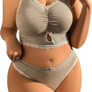 Women Plus Size Bow Lace Bralette Lingerie Set bra and panty sets