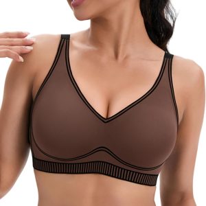 Wireless Sports Bras for Women Supportive Medium Impact Push Up Workout Bras No Underwire Deep V Padded Yoga Bra